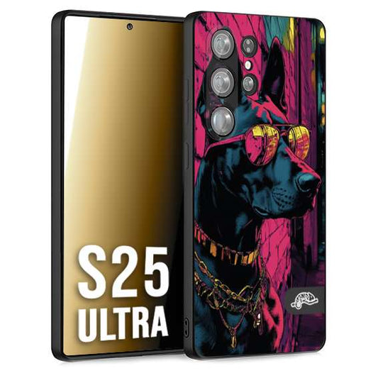 CUSTOMIZZA - Custodia cover nera morbida in tpu compatibile per Samsung S25 ULTRA animali cyberpunk dobermann cane street dog fucsia blu