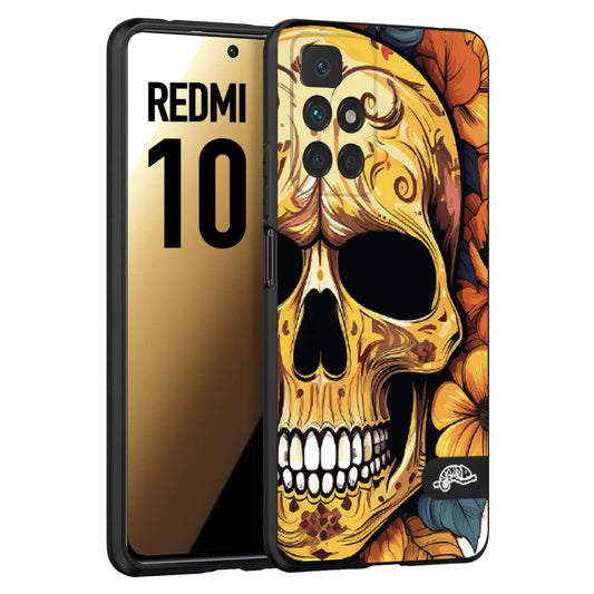 CUSTOMIZZA - Custodia cover nera morbida in tpu compatibile per Xiaomi Redmi 10 teschio messicano colorato dorato fiori autunnali disegnato