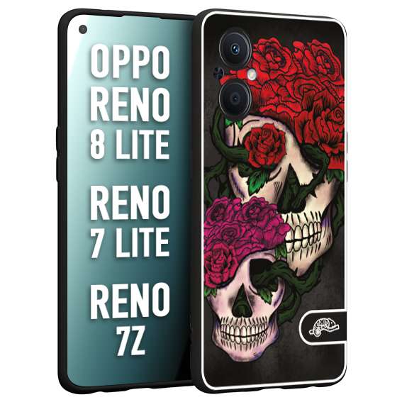CUSTOMIZZA - Custodia cover nera morbida in tpu compatibile per Oppo Reno 7 Lite - 8 Lite - 7Z teschi e rose rosse fucsia skull and roses