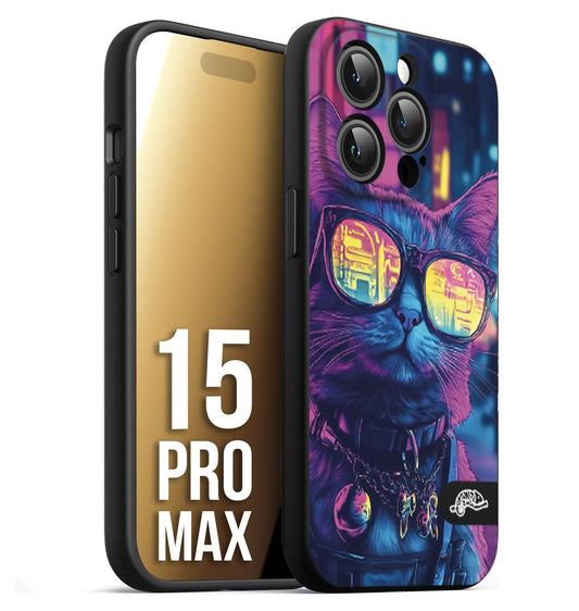CUSTOMIZZA - Custodia cover nera morbida in tpu compatibile per iPhone 15 PRO MAX animali cyberpunk gatto street cat fucsia blu giallo