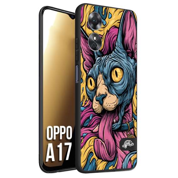 CUSTOMIZZA - Custodia cover nera morbida in tpu compatibile per Oppo A17 Sphynx Colorato Pop Art Psichedelico Gatto Blu Rosa Giallo Artistica Fantasy