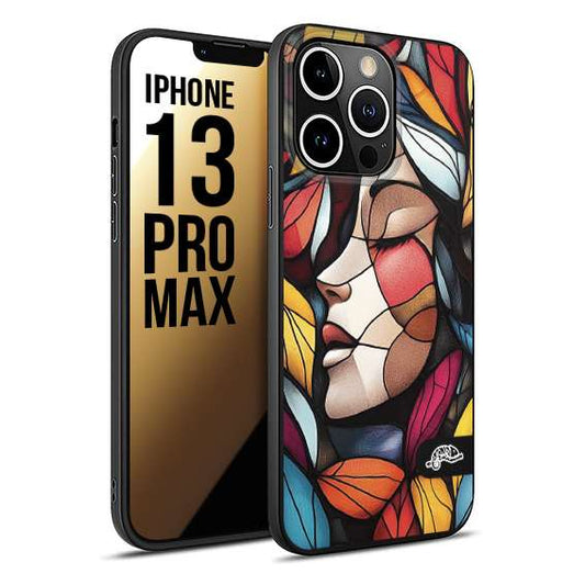CUSTOMIZZA - Custodia cover nera morbida in tpu compatibile per iPhone 13 PRO MAX Vetrata artistica volto di donna profilo fogliare mosaico di vetro colorato