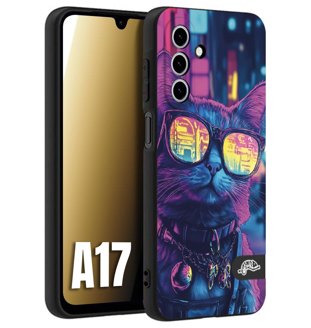 CUSTOMIZZA - Custodia cover nera morbida in tpu compatibile per Samsung A17 animali cyberpunk gatto street cat fucsia blu giallo