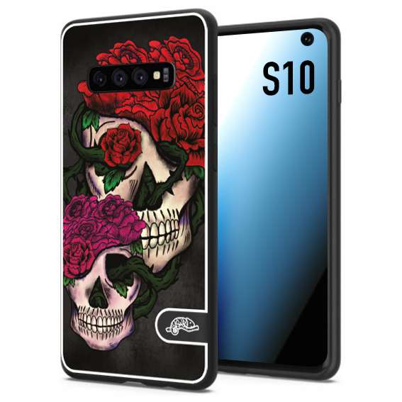 CUSTOMIZZA - Custodia cover nera morbida in tpu compatibile per Samsung S10 teschi e rose rosse fucsia skull and roses