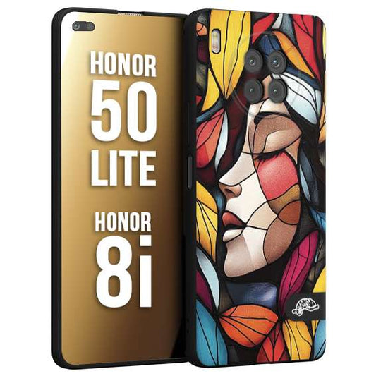 CUSTOMIZZA - Custodia cover nera morbida in tpu compatibile per Honor 8i - Honor 50 LITE Vetrata artistica volto di donna profilo fogliare mosaico di vetro colorato