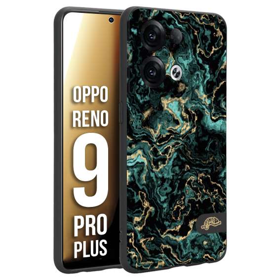 CUSTOMIZZA - Custodia cover nera morbida in tpu compatibile per Oppo Reno 9 PRO PLUS effetto marmo marble verde green venature dorato pietra