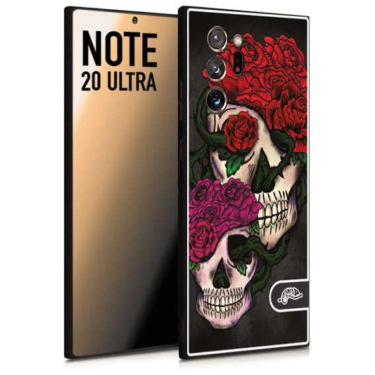 CUSTOMIZZA - Custodia cover nera morbida in tpu compatibile per Samsung NOTE 20 ULTRA teschi e rose rosse fucsia skull and roses