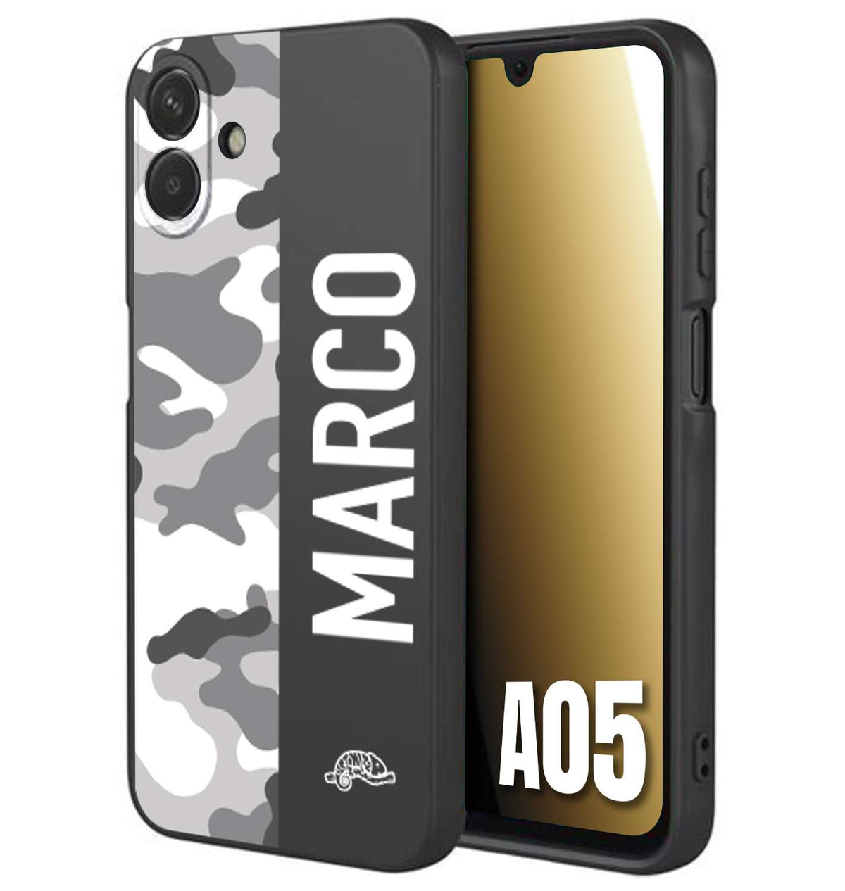 CUSTOMIZZA - Custodia cover nera morbida in tpu compatibile per Samsung A05 camouflage mimetico militare personalizzata nome bianco
