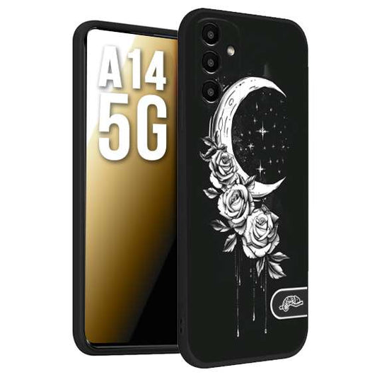CUSTOMIZZA - Custodia cover nera morbida in tpu compatibile per Samsung A14 5G luna e fiori moon flowers black and white bianco a rilievo disegnato