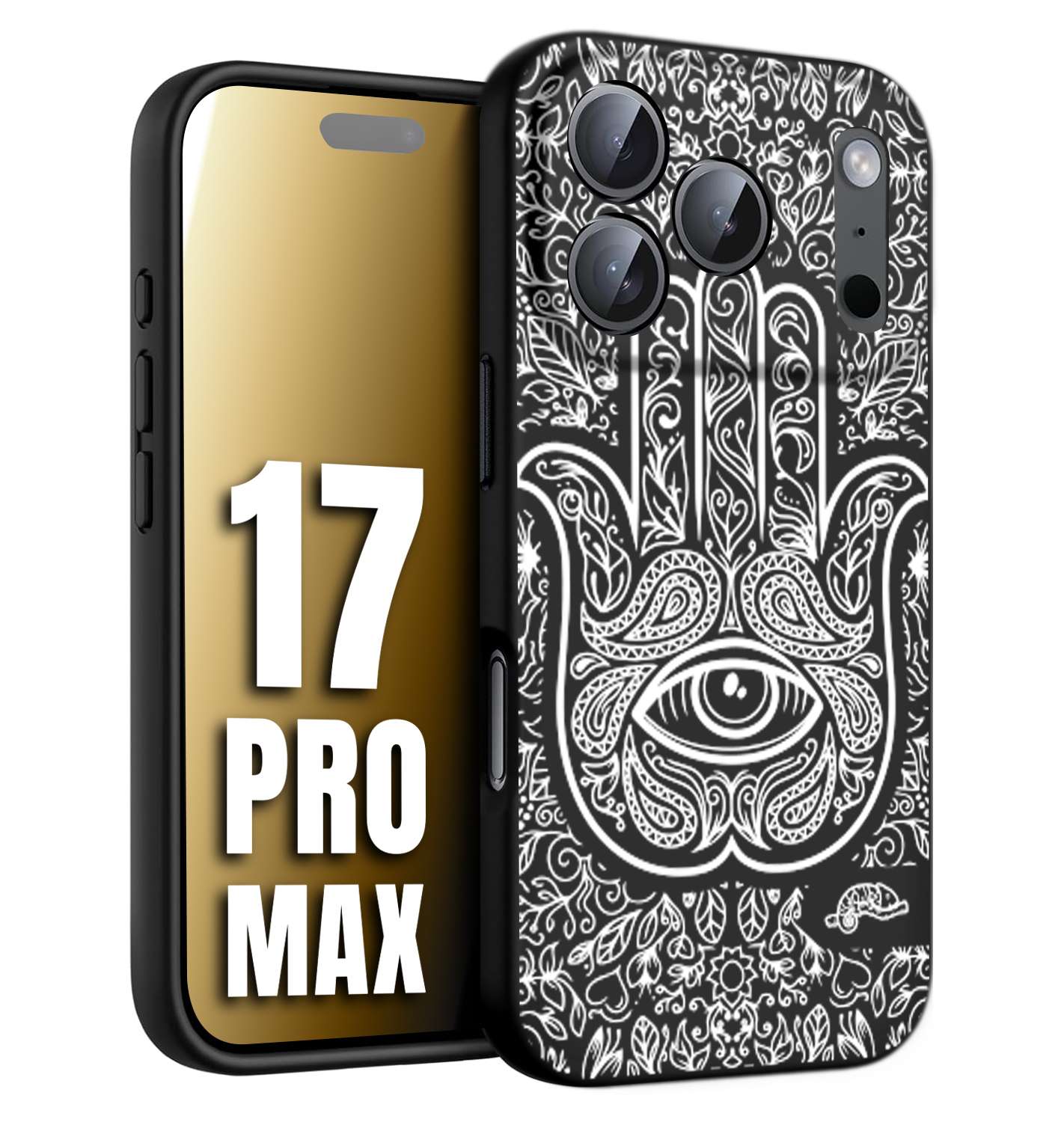 CUSTOMIZZA - Custodia cover nera morbida in tpu compatibile per iPhone 17 PRO MAX mano di fatima effetto rilievo mandala donna