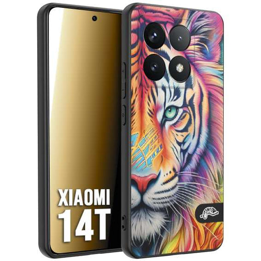 CUSTOMIZZA - Custodia cover nera morbida in tpu compatibile per Xiaomi 14T animali color tigre tiger viso colori vibranti disegnato schizzo