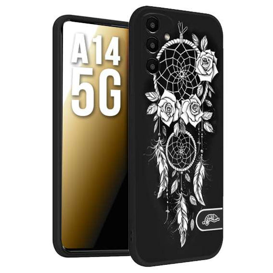 CUSTOMIZZA - Custodia cover nera morbida in tpu compatibile per Samsung A14 5G acchiappasogni dreamcatcher black and white bianco a rilievo disegnato tattoo tatuaggio