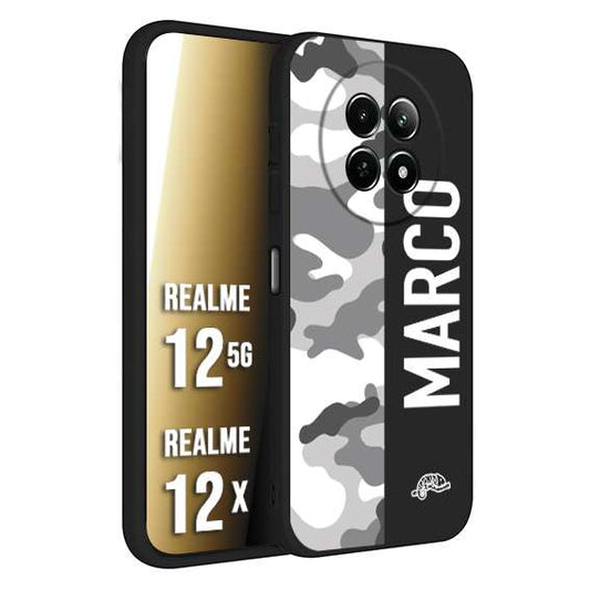 CUSTOMIZZA - Custodia cover nera morbida in tpu compatibile per Realme 12 5G - 12X camouflage mimetico militare personalizzata nome bianco