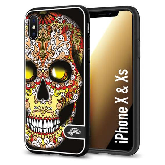 CUSTOMIZZA - Custodia cover nera morbida in tpu compatibile per iPhone X - Xs teschio messicano Mexican skull giallo rosso arancio