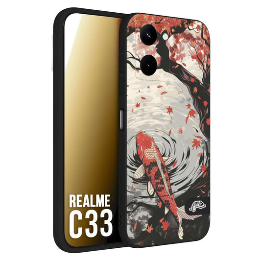 CUSTOMIZZA - Custodia cover nera morbida in tpu compatibile per Realme C33 giapponese lago carpa koi rossa con foglie d'acero rosso disegnata tattoo