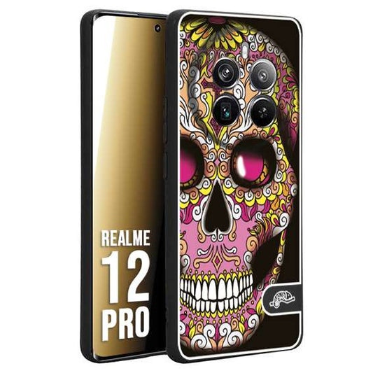 CUSTOMIZZA - Custodia cover nera morbida in tpu compatibile per Realme 12 PRO teschio messicano Mexican skull rosa gialla