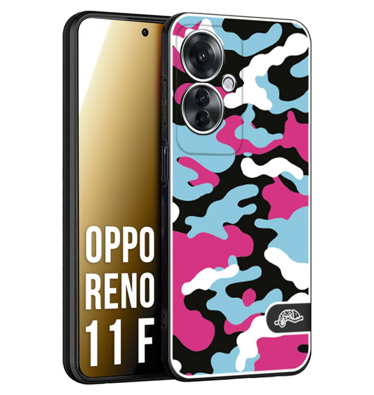 CUSTOMIZZA - Custodia cover nera morbida in tpu compatibile per Oppo Reno 11 F 5G camouflage mimetico militare fucsia celeste