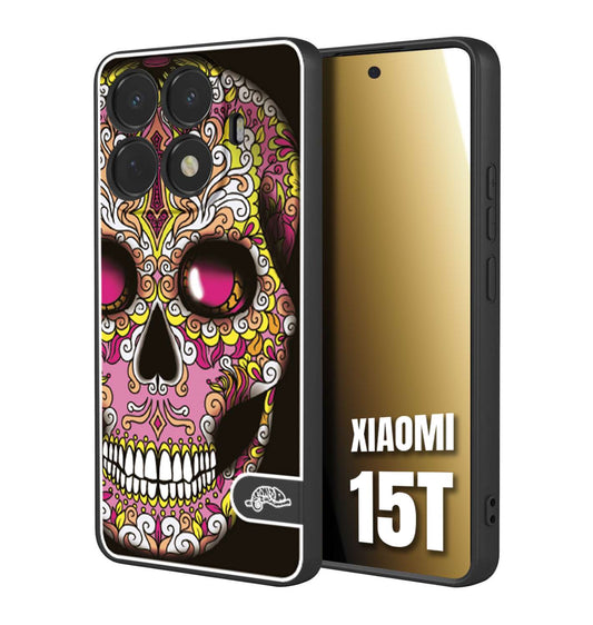 CUSTOMIZZA - Custodia cover nera morbida in tpu compatibile per Xiaomi 15T teschio messicano Mexican skull rosa gialla