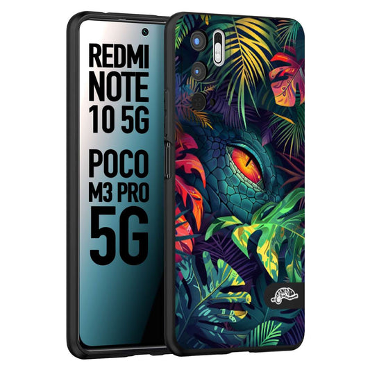 CUSTOMIZZA - Custodia cover nera morbida in tpu compatibile per Xiaomi Redmi Note 10 5G - Poco M3 Pro 5G animali color giungla tropicale occhio di coccodrillo alligatore disegnato