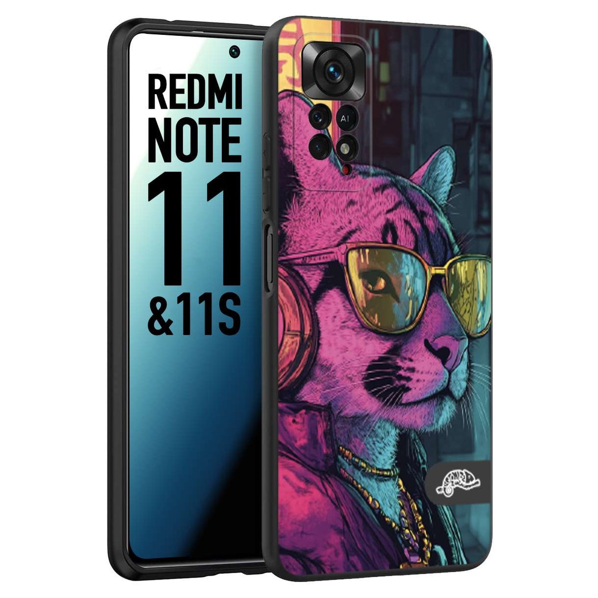 CUSTOMIZZA - Custodia cover nera morbida in tpu compatibile per Xiaomi Redmi Note 11 -  Note 11S animali cyberpunk pantera street cat fucsia blu giallo