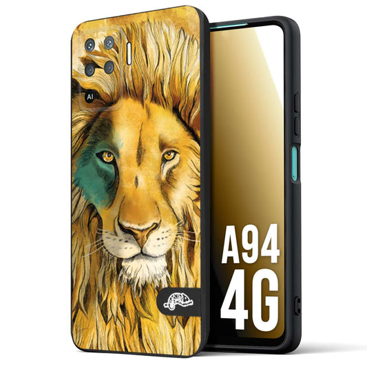 CUSTOMIZZA - Custodia cover nera morbida in tpu compatibile per Oppo A94 4G leone lion disegnato a mano giallo blu a rilievo artistico brown