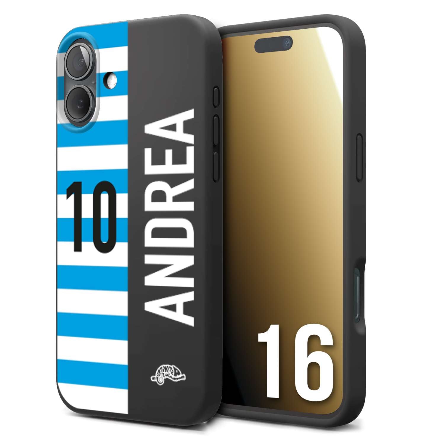 CUSTOMIZZA - Custodia cover nera morbida in tpu compatibile per iPhone 16 personalizzata calcio football nome e numero calciatori biancazzurri