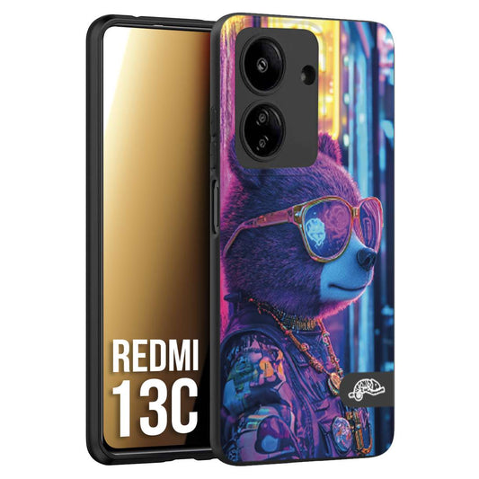 CUSTOMIZZA - Custodia cover nera morbida in tpu compatibile per Xiaomi Redmi 13C animali cyberpunk orsetto orso street bear fucsia blu night