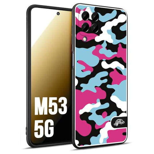 CUSTOMIZZA - Custodia cover nera morbida in tpu compatibile per Samsung M53 5G camouflage mimetico militare fucsia celeste