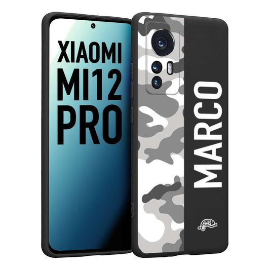 CUSTOMIZZA - Custodia cover nera morbida in tpu compatibile per Xiaomi 12 PRO camouflage mimetico militare personalizzata nome bianco