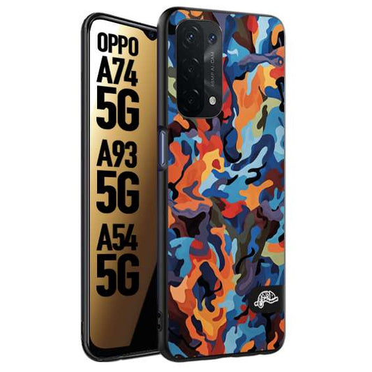 CUSTOMIZZA - Custodia cover nera morbida in tpu compatibile per Oppo A74 5G - A93 5G - A54 5G camouflage mimetico militare moderno blu arancio rosso
