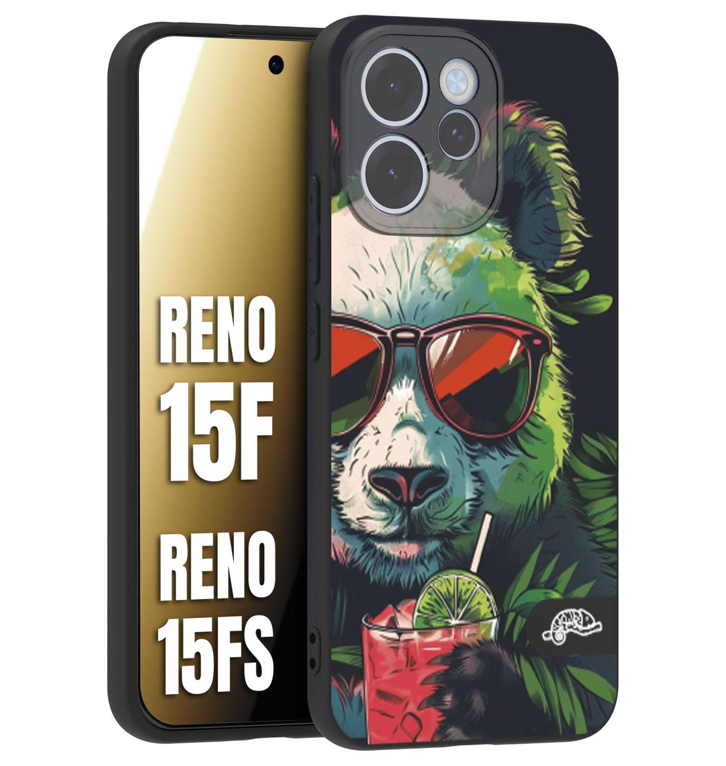 CUSTOMIZZA - Custodia cover nera morbida in tpu compatibile per Oppo Reno 15 F - Reno 15 FS estate disegnata cocktails animali simpatici panda mojito