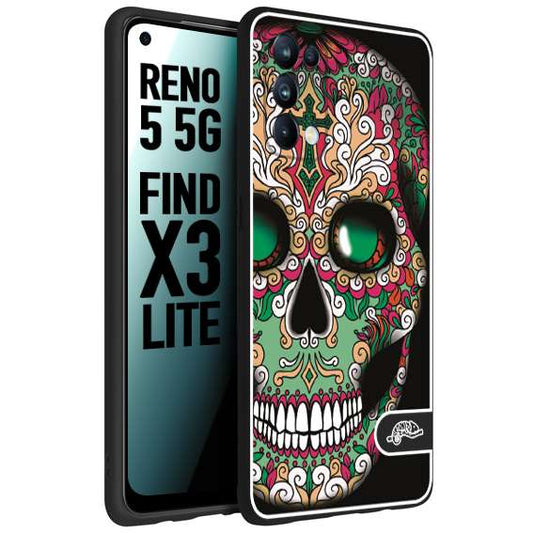CUSTOMIZZA - Custodia cover nera morbida in tpu compatibile per Oppo Reno 5 5G teschio messicano Mexican skull verde fucsia