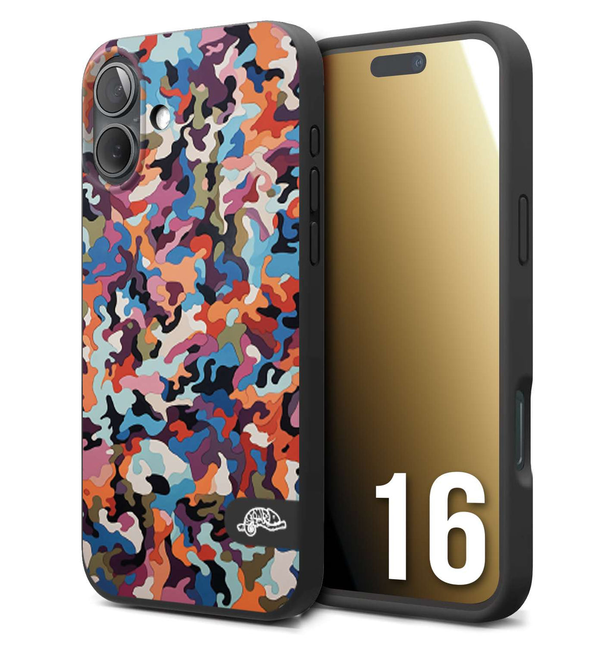 CUSTOMIZZA - Custodia cover nera morbida in tpu compatibile per iPhone 16 camouflage mimetico militare moderno blu arancio rosa