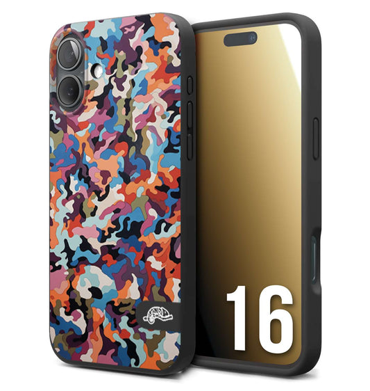 CUSTOMIZZA - Custodia cover nera morbida in tpu compatibile per iPhone 16 camouflage mimetico militare moderno blu arancio rosa