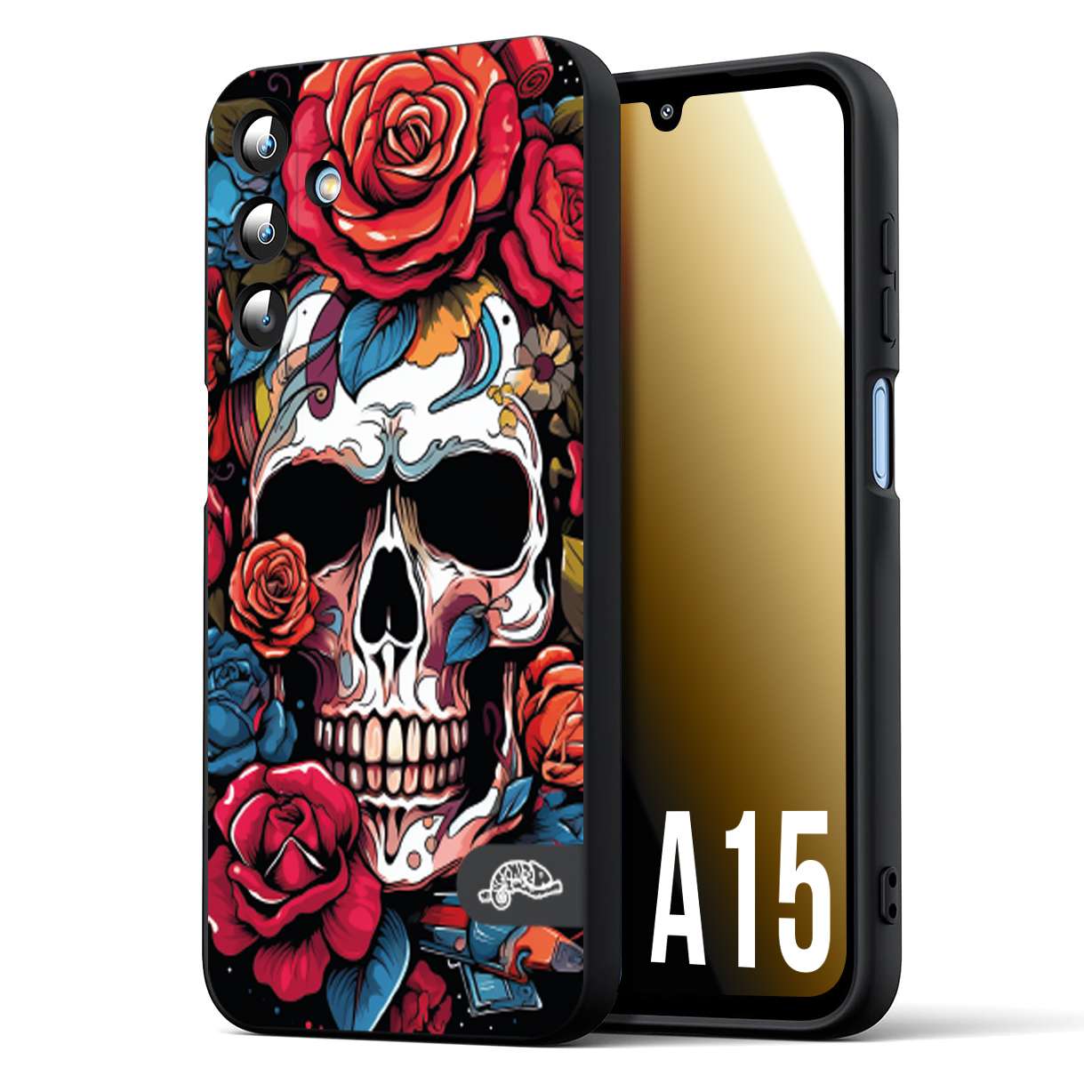 CUSTOMIZZA - Custodia cover nera morbida in tpu compatibile per Samsung A15 5G teschio skull flowers fiori rose rosse tattoo disegnato