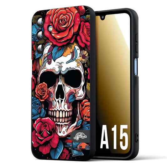 CUSTOMIZZA - Custodia cover nera morbida in tpu compatibile per Samsung A15 5G teschio skull flowers fiori rose rosse tattoo disegnato