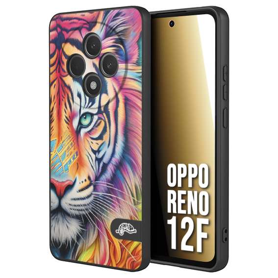 CUSTOMIZZA - Custodia cover nera morbida in tpu compatibile per Oppo Reno 12F animali color tigre tiger viso colori vibranti disegnato schizzo