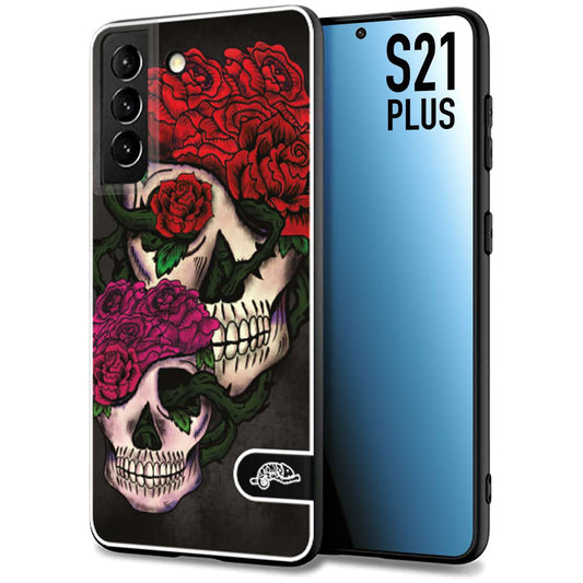 CUSTOMIZZA - Custodia cover nera morbida in tpu compatibile per Samsung S21 PLUS teschi e rose rosse fucsia skull and roses