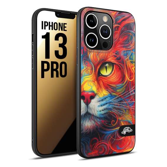 CUSTOMIZZA - Custodia cover nera morbida in tpu compatibile per iPhone 13 PRO animali color cat gatto viso colori vibranti disegnato schizzo