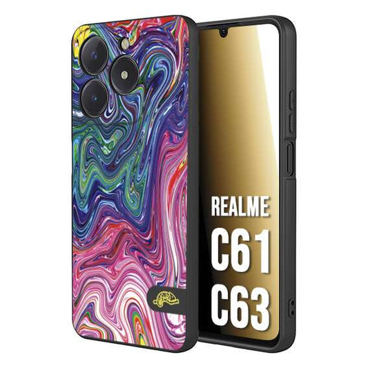 CUSTOMIZZA - Custodia cover nera morbida in tpu compatibile per Realme C61 - C63 colorata fantasia vortice marmo arcobaleno rosa blu fucsia