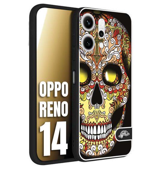 CUSTOMIZZA - Custodia cover nera morbida in tpu compatibile per Oppo Reno 14 teschio messicano Mexican skull giallo rosso arancio