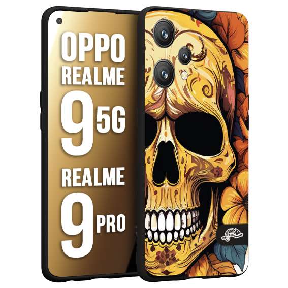 CUSTOMIZZA - Custodia cover nera morbida in tpu compatibile per Realme 9 5G - 9 PRO teschio messicano colorato dorato fiori autunnali disegnato