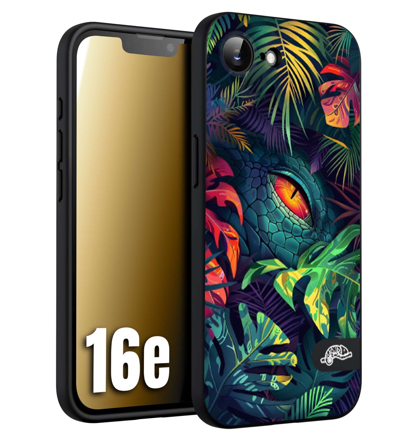 CUSTOMIZZA - Custodia cover nera morbida in tpu compatibile per iPhone 16E animali color giungla tropicale occhio di coccodrillo alligatore disegnato