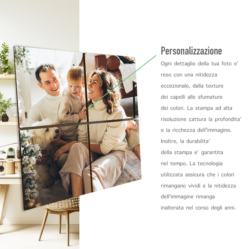 CUSTOMIZZA - Quadro moderno quadrato in legno spessore 5 mm leggero Personalizzato con foto immagine scritta a piacere 25 x 25 cm 4 pezzi (50x50)