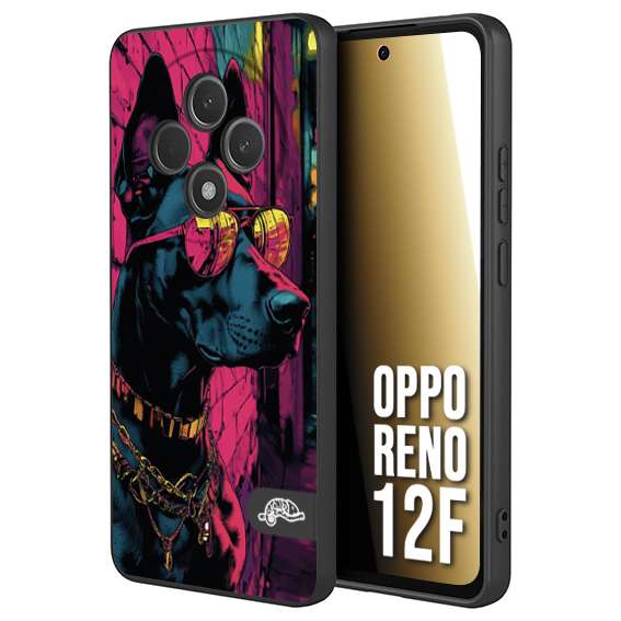 CUSTOMIZZA - Custodia cover nera morbida in tpu compatibile per Oppo Reno 12F animali cyberpunk dobermann cane street dog fucsia blu