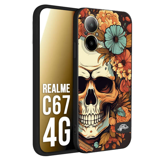 CUSTOMIZZA - Custodia cover nera morbida in tpu compatibile per Realme C67 4G teschio skull flowers fiori autunnali arancio celeste tattoo