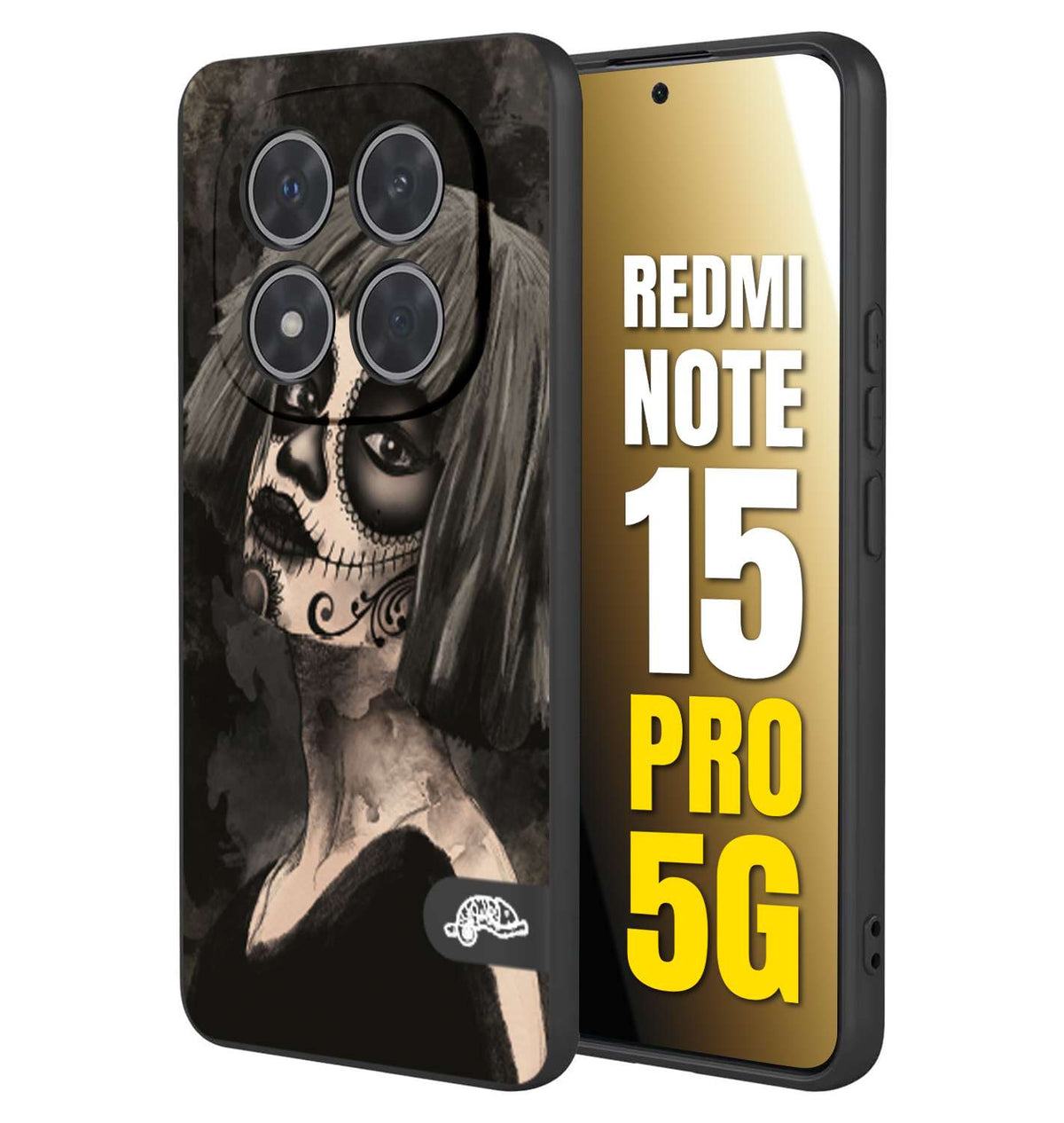 CUSTOMIZZA - Custodia cover nera morbida in tpu compatibile per Xiaomi Redmi Note 15 PRO 5G chicana messicana dea de la muerte donna santa tattoo disegnata