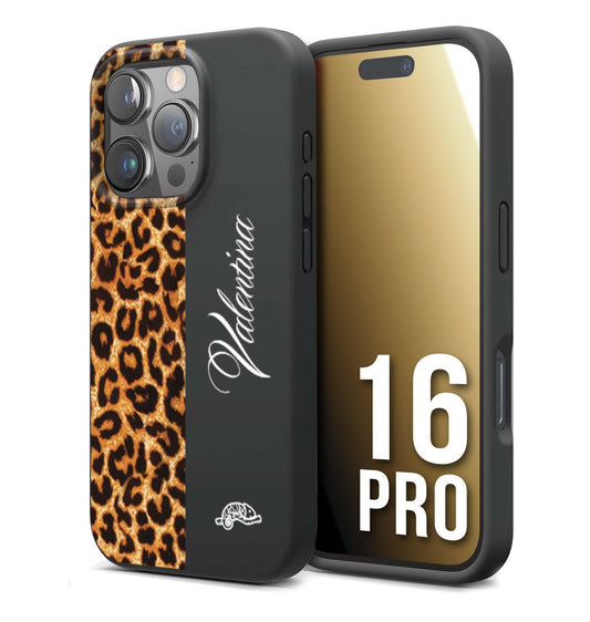 CUSTOMIZZA - Custodia cover nera morbida in tpu compatibile per iPhone 16 PRO custom nome scritta leopardato maculato donna marrone leopard