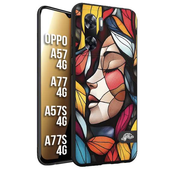 CUSTOMIZZA - Custodia cover nera morbida in tpu compatibile per Oppo A57 - A77 - A57S - A77S (4G) Vetrata artistica volto di donna profilo fogliare mosaico di vetro colorato