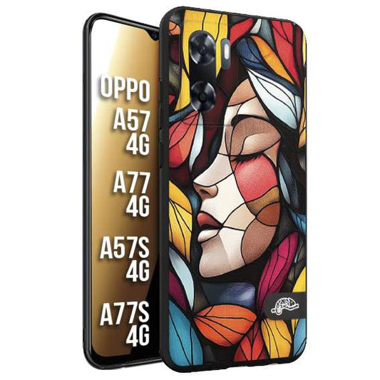 CUSTOMIZZA - Custodia cover nera morbida in tpu compatibile per Oppo A57 - A77 - A57S - A77S (4G) Vetrata artistica volto di donna profilo fogliare mosaico di vetro colorato